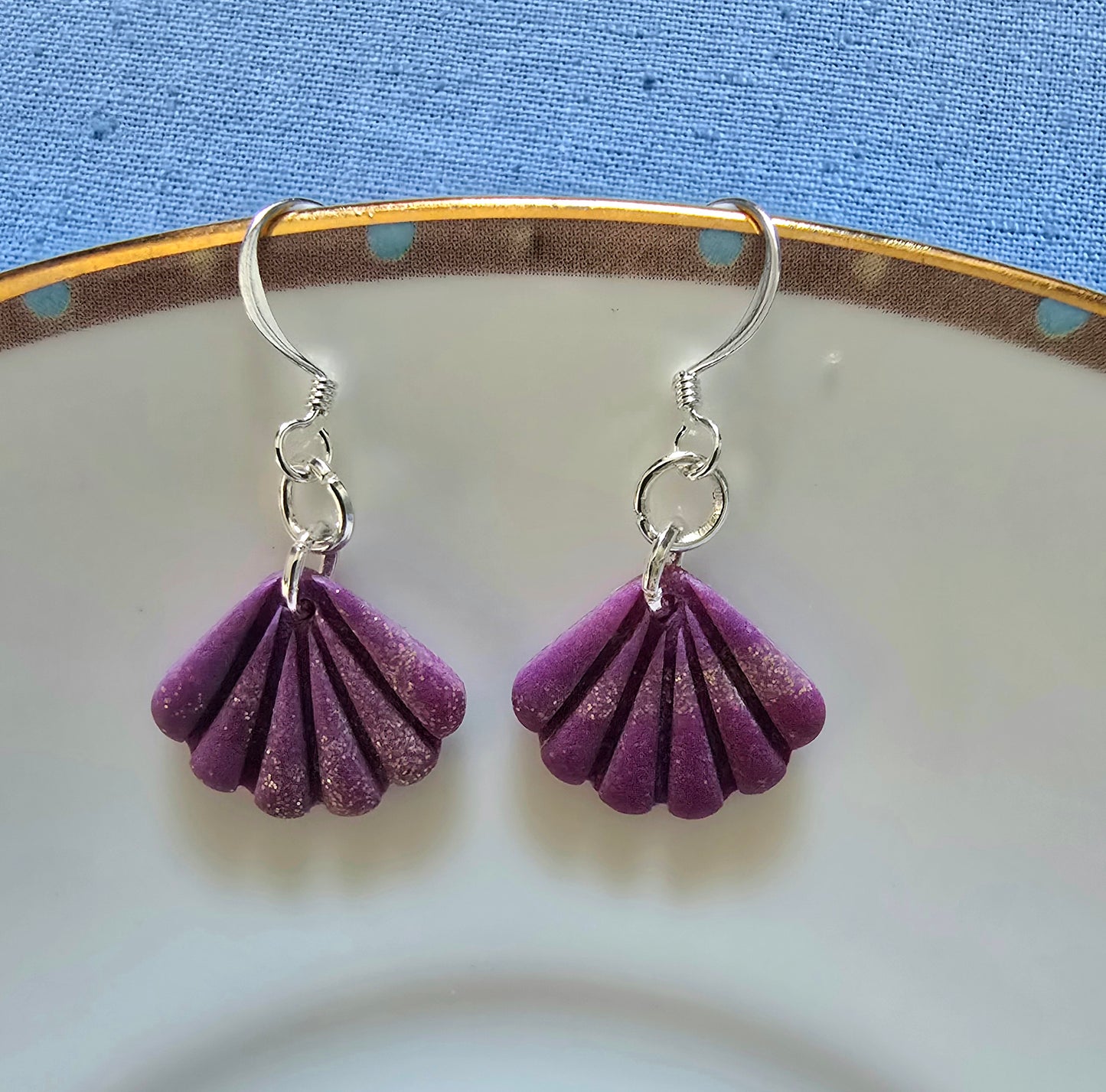 Purple and gold fan earrings